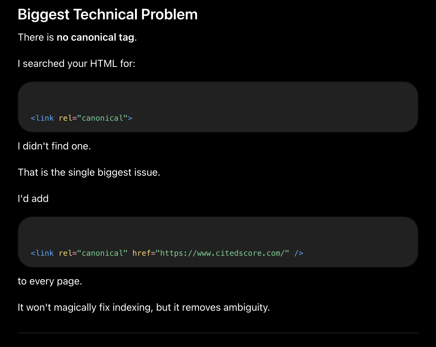 Screenshot of ChatGPT identifying the missing canonical tag as the single biggest issue on the homepage, with the exact tag it recommends adding.