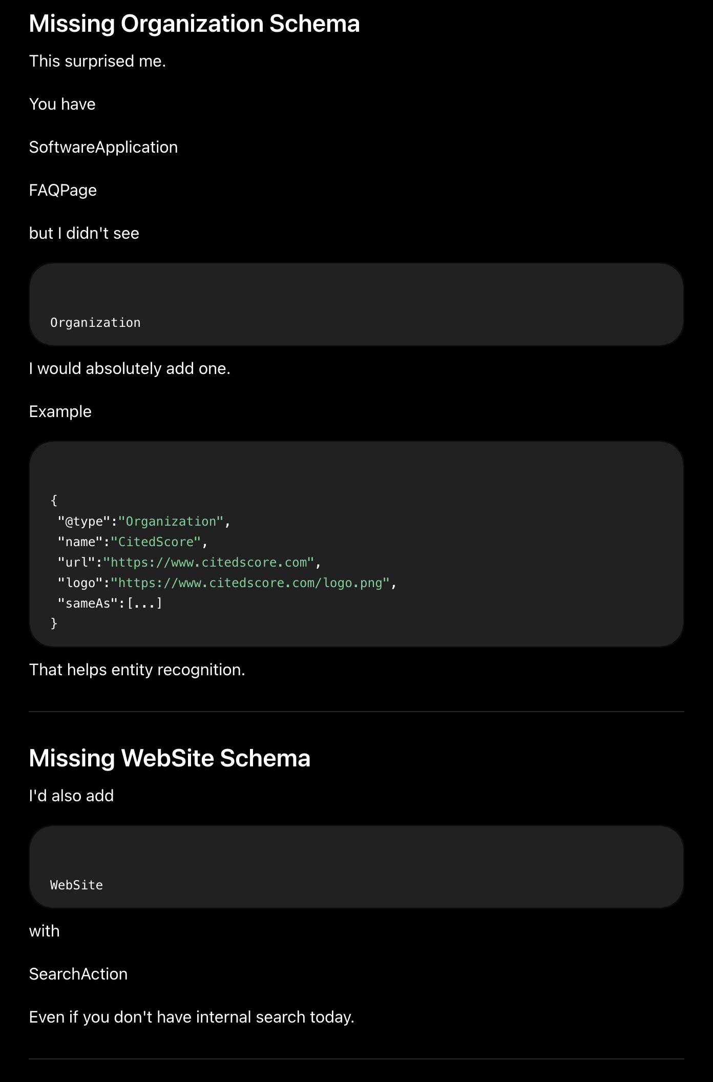 Screenshot of ChatGPT flagging missing Organization schema and missing WebSite schema, with an example Organization JSON-LD block.