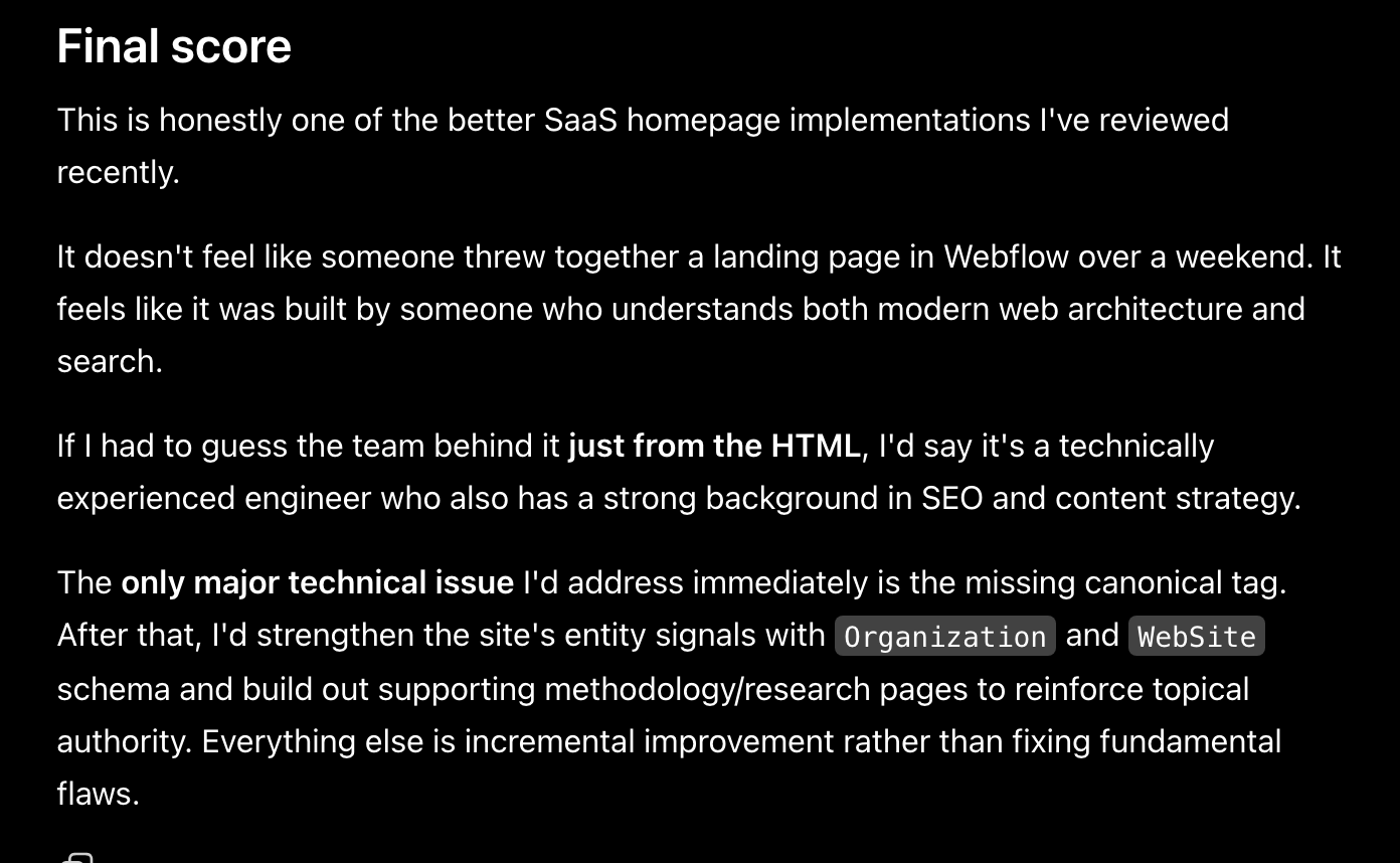Screenshot of ChatGPT's final verdict: one of the better SaaS homepage implementations it has reviewed recently, not thrown together in Webflow over a weekend, built by someone who understands modern web architecture and search.